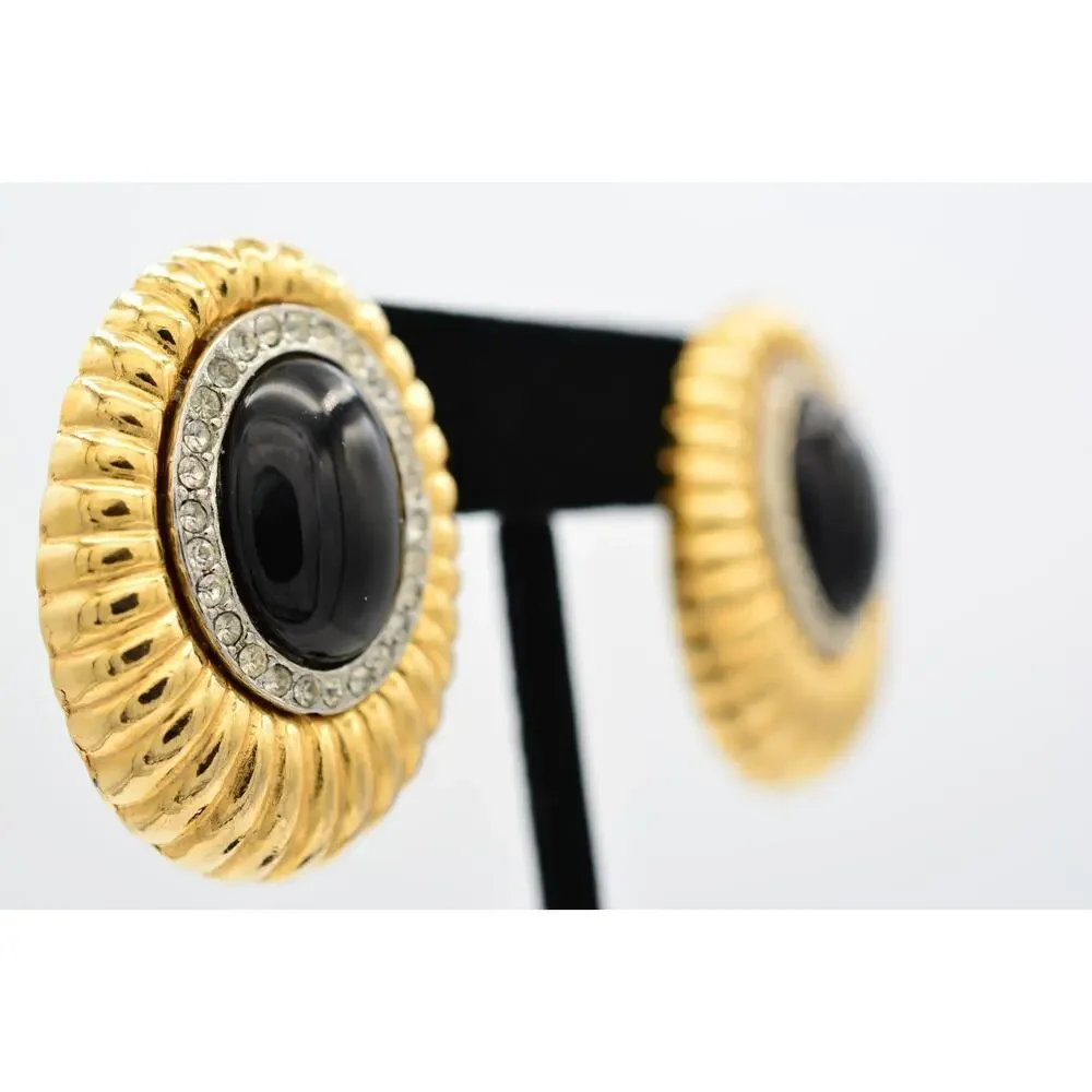 Vintage Black Cabochon Clip On Earrings Rhinestone Crystal Gold Chunky 80s BinAF